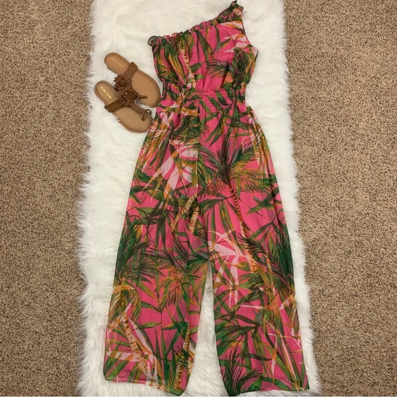 Zarr Collection One Shoulder Pink Tropical Print Pant Jumpsuit - Picture 6 of 12